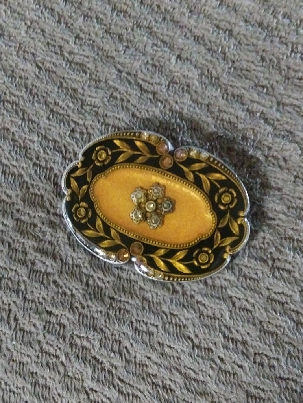 70s Pierre Bex Art Deco Revival Floral Rhinestone Enamel Brooch